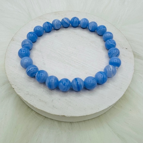 Blue Agate Swirl Beaded 8mm Bracelet - Picture 1 of 6